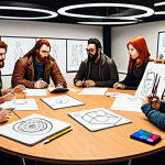 **Concept to Sketch:** "A vibrant studio environment bustling with creative energy. Game artists and designers are brainstorming, with whiteboards filled with initial concept sketches of unique digital heroes, blending elements of mythology, history, and modern fashion. Sketches show diverse character archetypes, from agile, high-flying figures to earth-bending powerhouses. The atmosphere is imaginative and dynamic, capturing the birth of new character ideas."