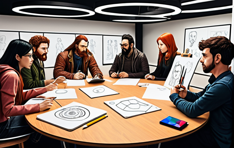 **Concept to Sketch:** "A vibrant studio environment bustling with creative energy. Game artists and designers are brainstorming, with whiteboards filled with initial concept sketches of unique digital heroes, blending elements of mythology, history, and modern fashion. Sketches show diverse character archetypes, from agile, high-flying figures to earth-bending powerhouses. The atmosphere is imaginative and dynamic, capturing the birth of new character ideas."