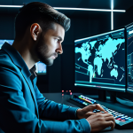 A focused professional gamer, male, with a modern, neat hairstyle, wearing a sleek, high-tech, modest gaming suit. He is intently observing a transparent holographic display that projects complex game statistics and evolving strategic maps within a clean, illuminated control room. His hands are resting naturally on a futuristic control panel, perfect anatomy, well-formed hands, natural pose. The atmosphere is one of deep concentration and insightful analysis of game meta. safe for work, appropriate content, fully clothed, professional dress, correct proportions, natural body proportions, proper finger count.